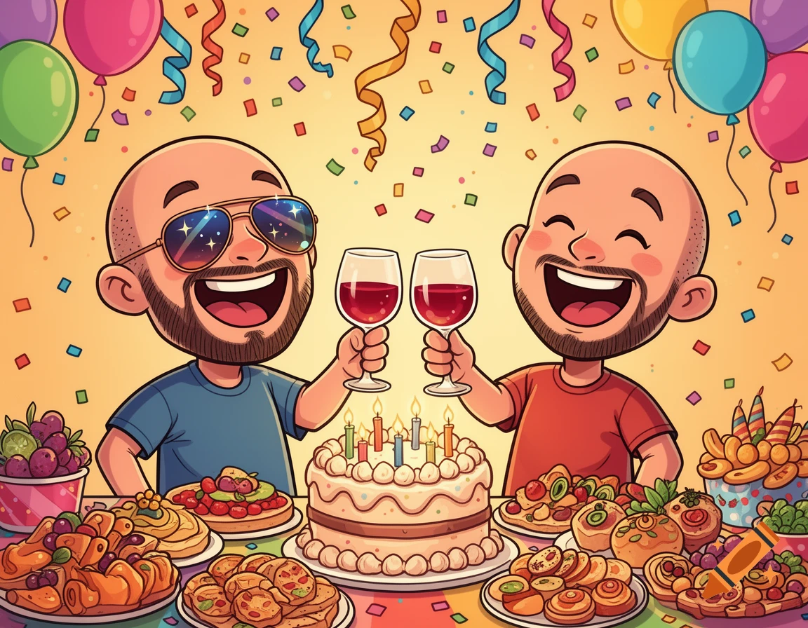 Two laughing cartoon men, one in aviator glasses, toast with wine glasses at a vibrant birthday party with cake, food, confetti, and balloons.