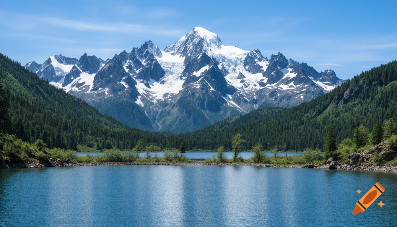 A majestic snow-capped mountain range rises above dense green forests and a tranquil blue lake under a clear sky.