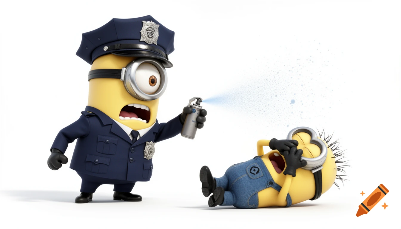 A cartoon minion police officer pepper-sprays another minion lying on a white background.