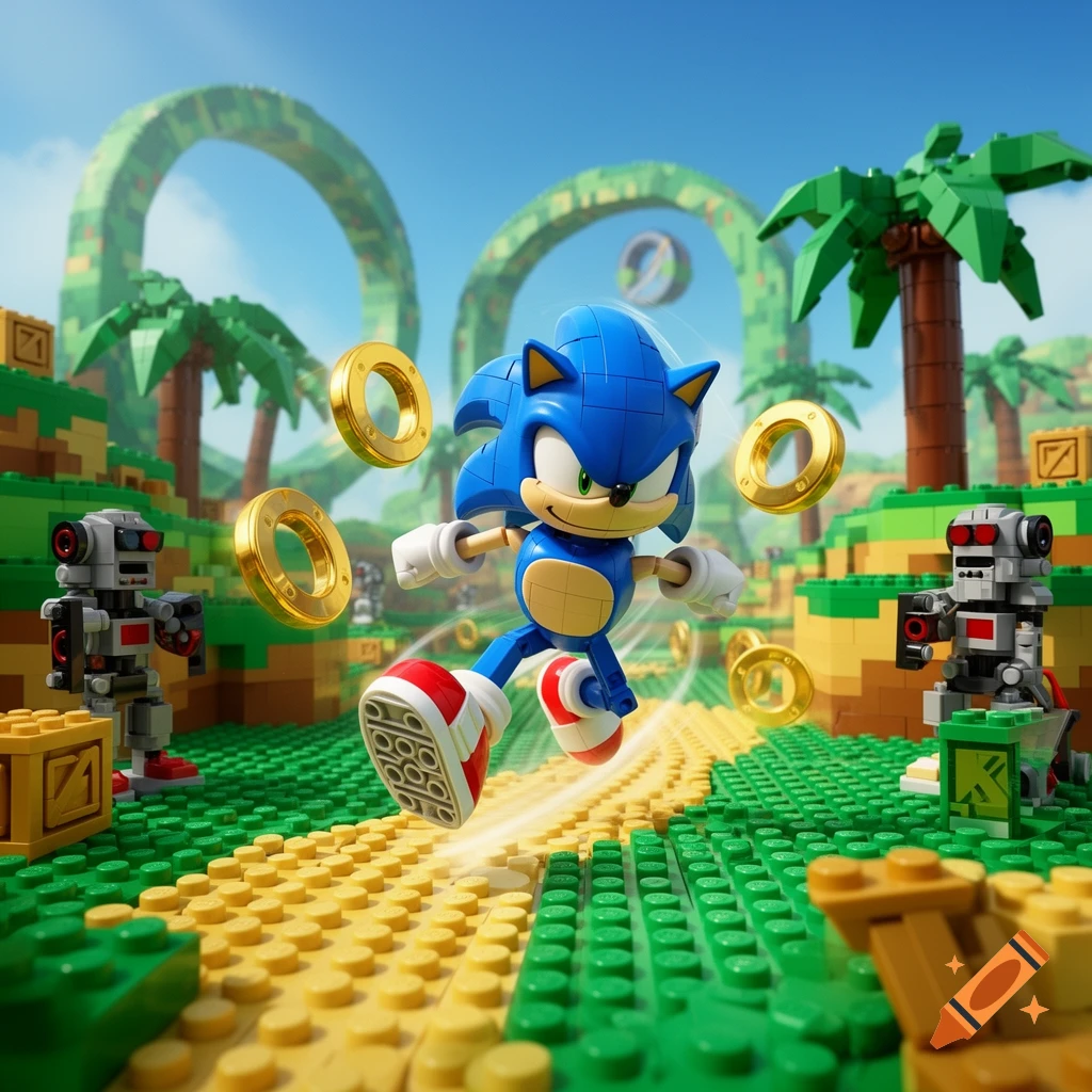 Lego Sonic the Hedgehog runs on a yellow brick path in a vibrant Green Hill Zone, surrounded by golden rings and robot enemies under a clear blue sky.