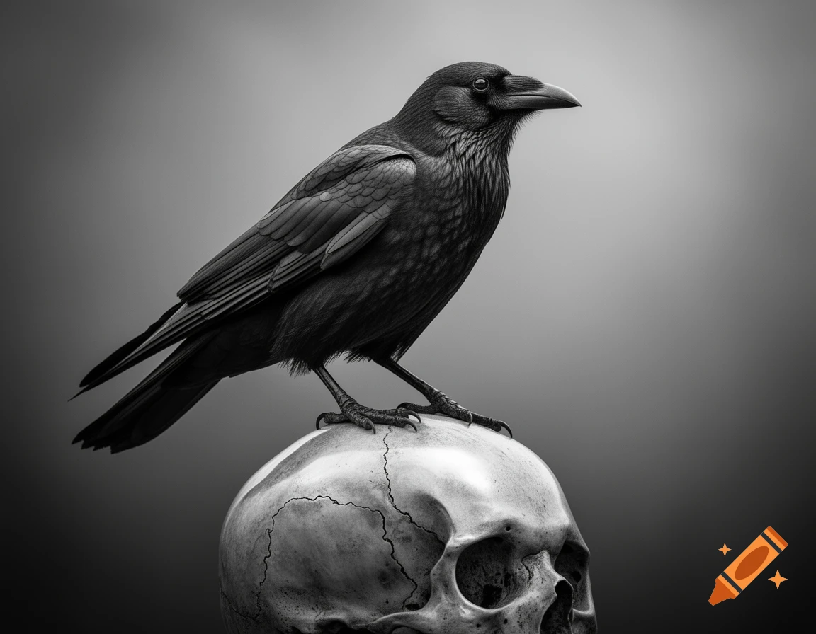 A black and white photorealistic image of a crow perched atop a cracked human skull.