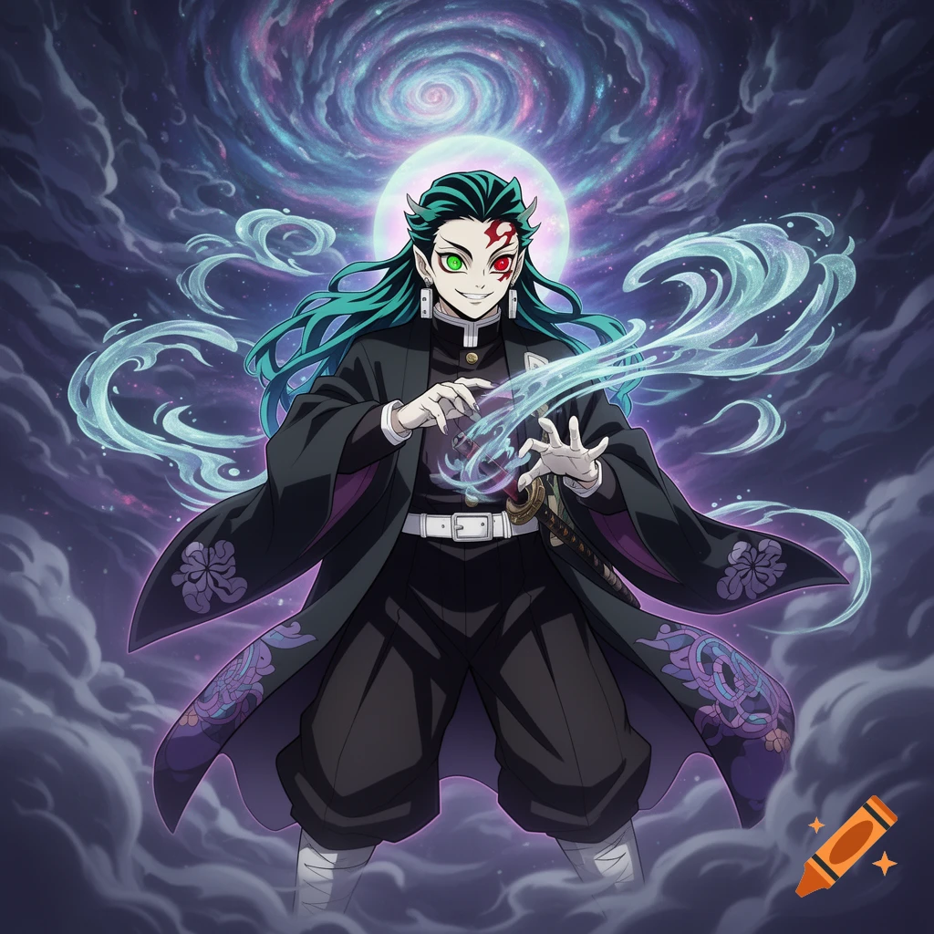 Anime illustration of the demon Enmu from Demon Slayer, with teal hair and red and green eyes, using power against a cosmic cloudy background.
