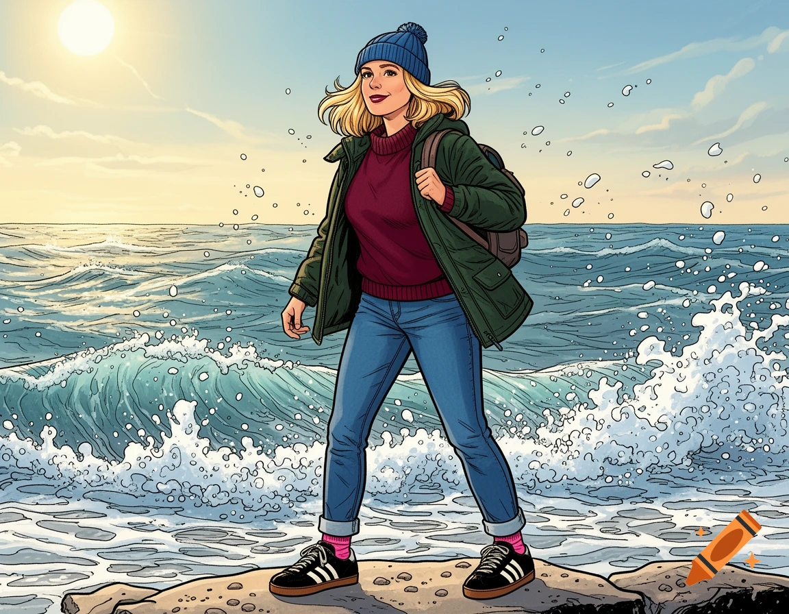 Blonde woman in winter coat, hat, and jeans stands on rocks by a stormy sea under a sunny sky in comic style.