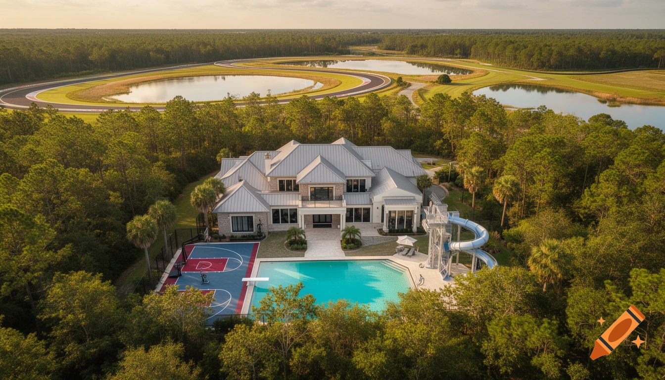 Aerial view of a luxury estate with a large house, pool, waterslide, basketball court, and race track surrounded by forests and lakes.