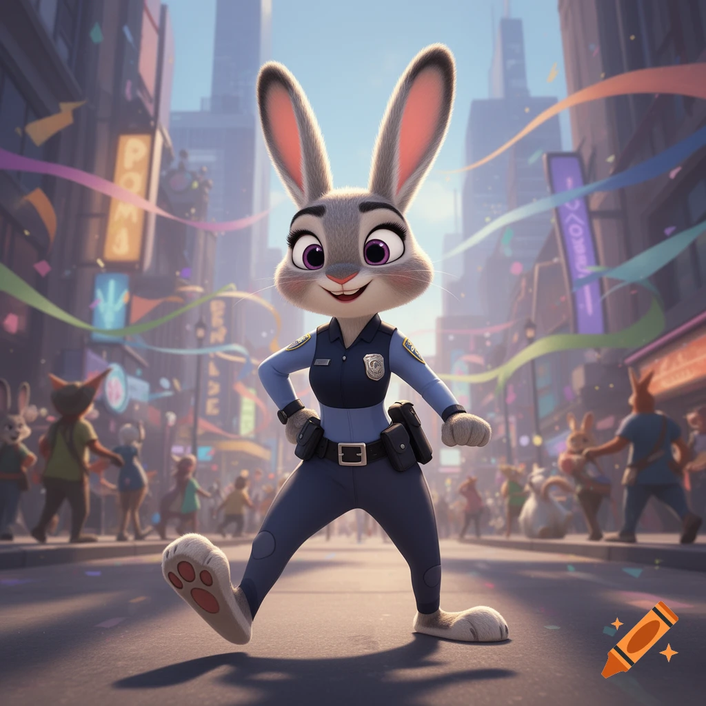 Judy Hopps, a cartoon rabbit police officer, walks on a bustling city street with confetti and colorful streamers.