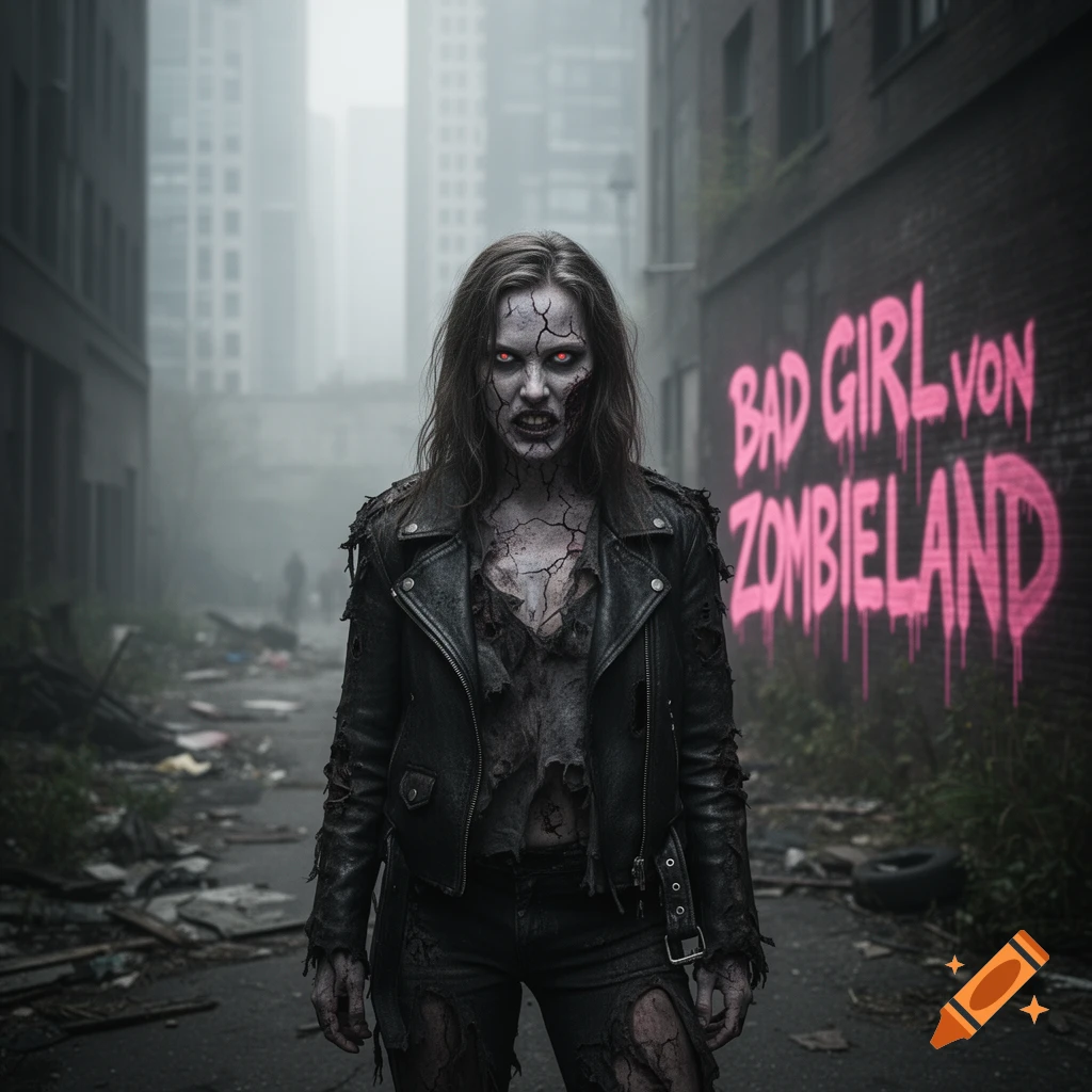 A terrifying zombie woman with cracked skin, glowing red eyes, and tattered clothes stands in a foggy, desolate city alley with graffiti.
