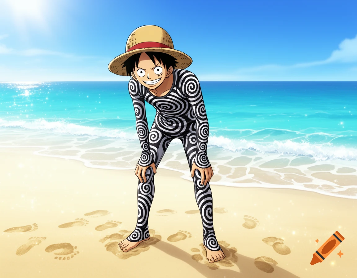 An anime character resembling Luffy from One Piece in a black and white hypnotic swirl full-body suit stands on a sunny beach.