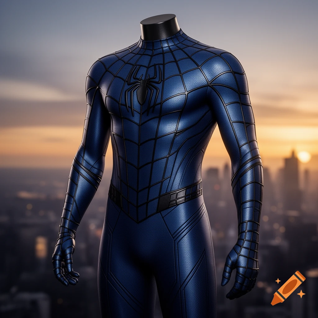 Photorealistic image of a dark blue Spider-Man suit with black web lines on a headless mannequin against a blurred sunset city.