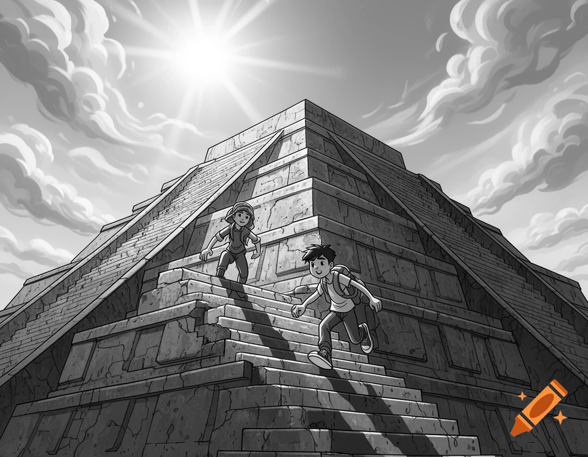 Black and white cartoon of two teenagers climbing a large ancient pyramid under a bright sun and cloudy sky.