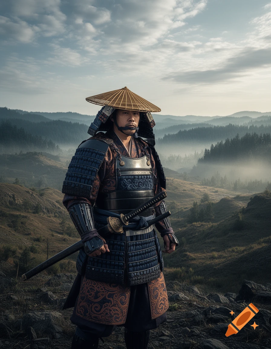 A samurai warrior in full armor and a straw hat stands on a misty mountain overlooking a forested landscape, photorealistic.