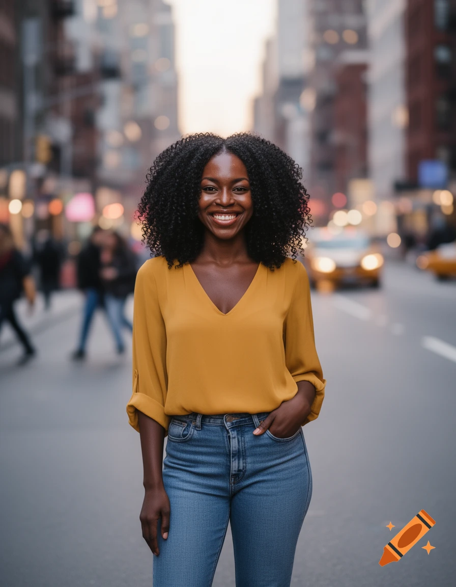 A smiling Black woman with curly hair in a yellow blouse and jeans stands on a city street, photorealistic.