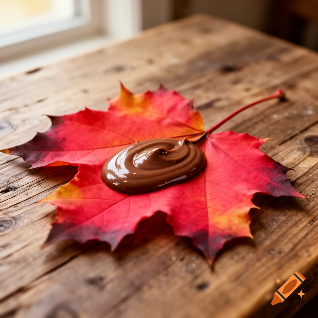 A vibrant red and orange maple leaf with a swirl of rich chocolate pudding on a rustic wooden table.