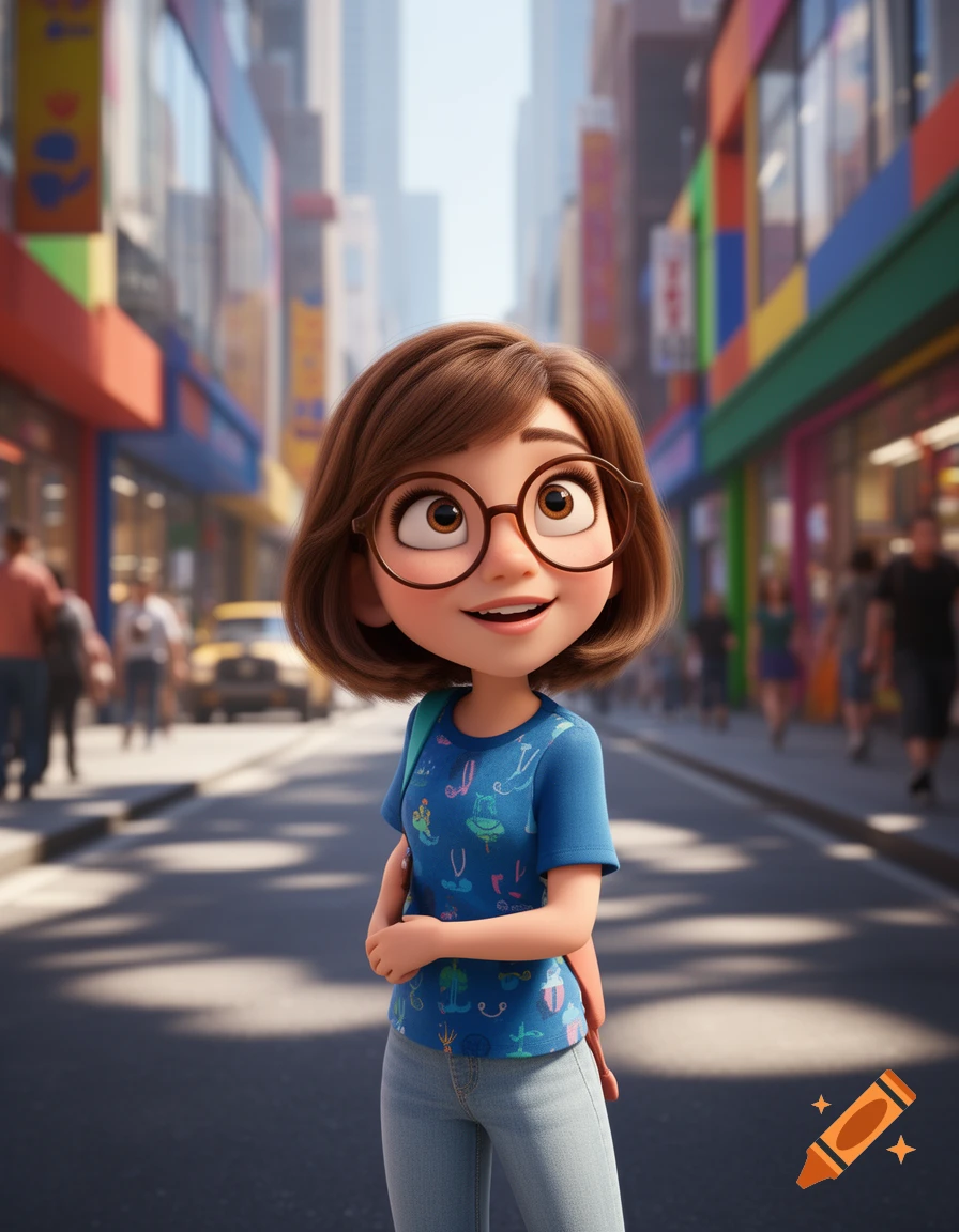 A cartoon girl with short brown hair and round glasses stands in a vibrant city street.