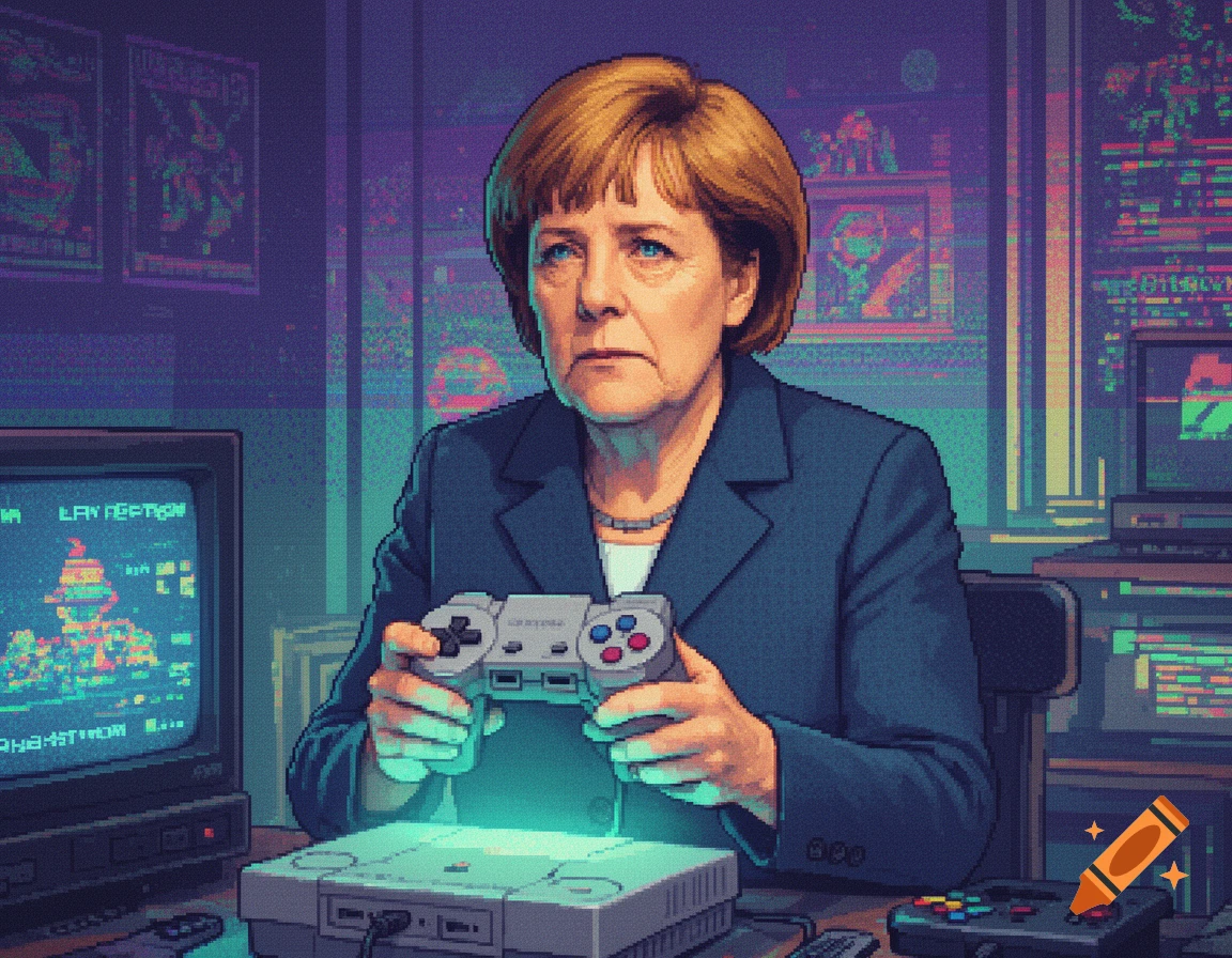 Pixel art of Angela Merkel playing a PlayStation 1 in a retro-futuristic room with a glowing controller.