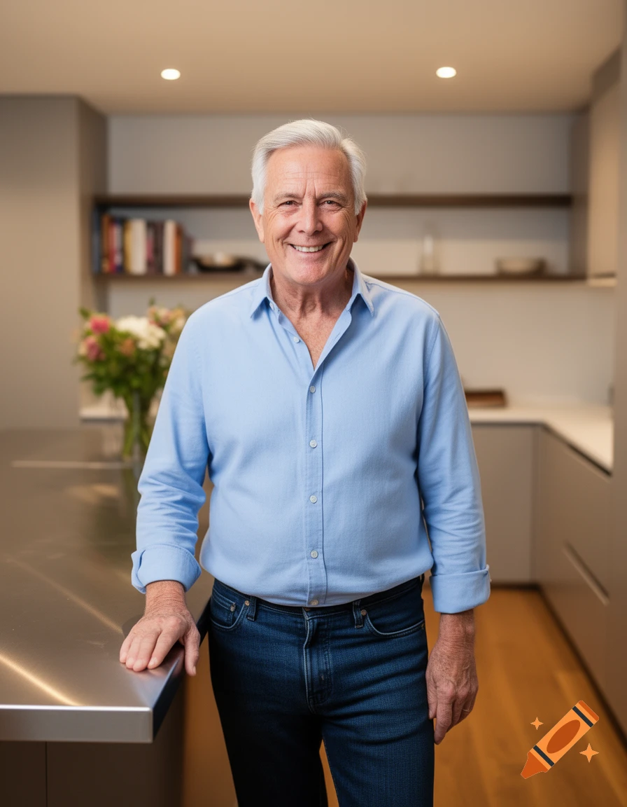 A smiling older man with white hair and a blue shirt leans on a kitchen island in a modern home.