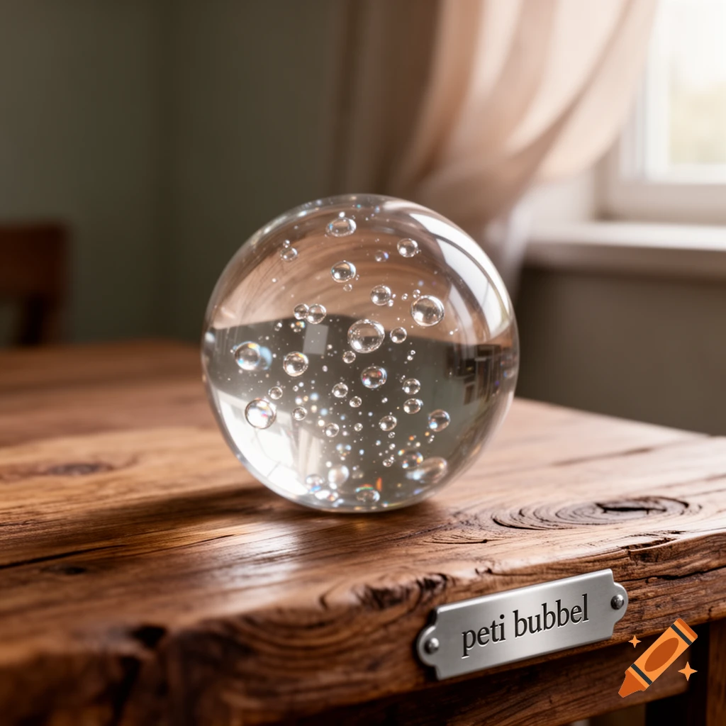 A clear glass paperweight filled with bubbles rests on a rustic wooden table by a window, with a metal tag reading "peti bubbel".
