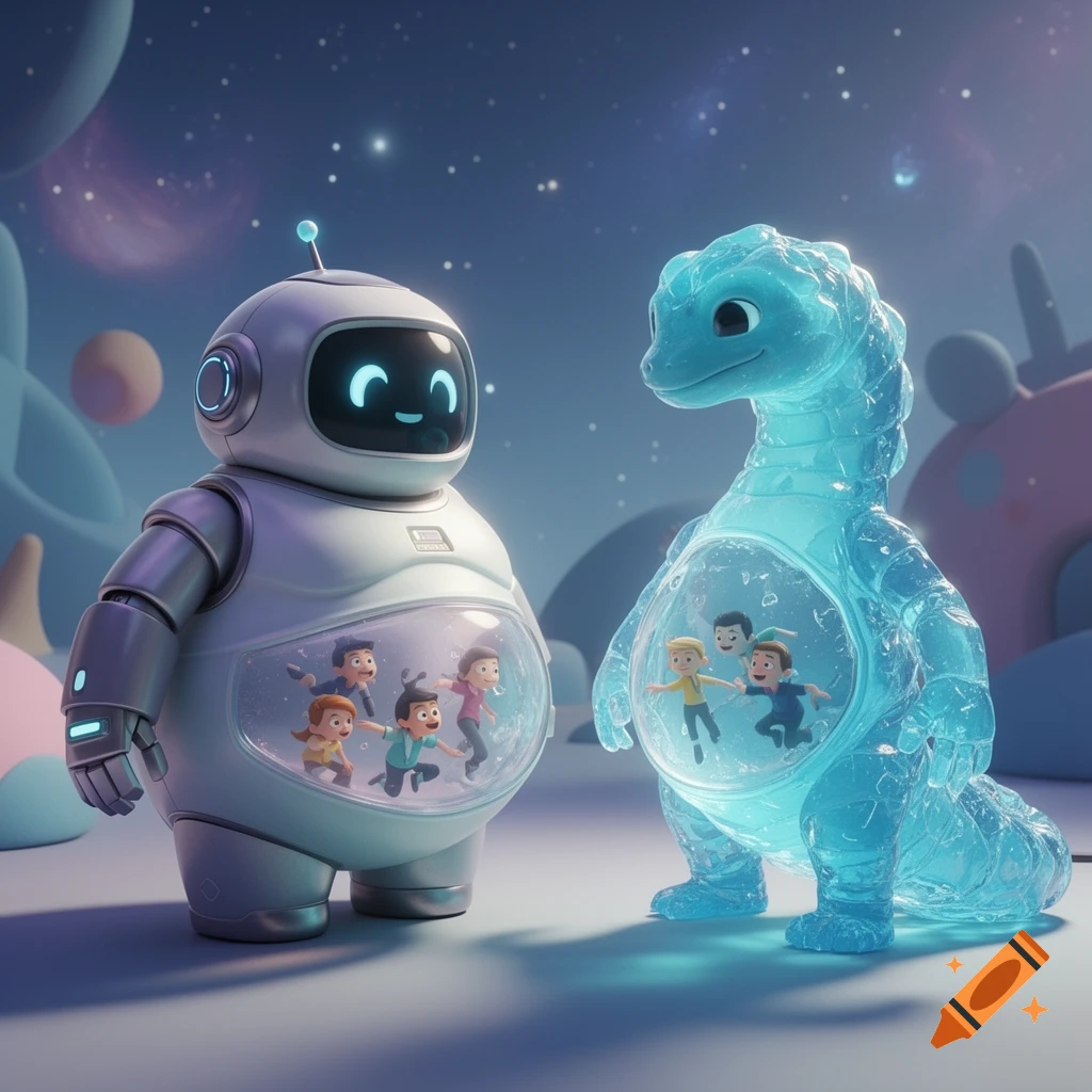 A cute 3D cartoon robot and a translucent blue alien with small people inside their bellies, looking at each other in a starry space setting.