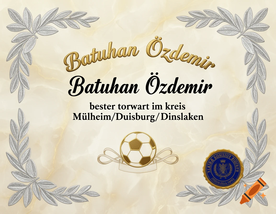 A gold and white certificate with laurel wreath border, Batuhan Özdemir declared 'best goalkeeper' in a district, with a soccer ball and seal.