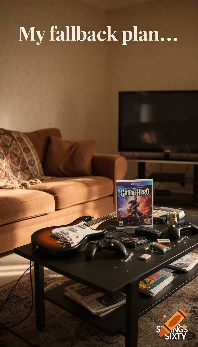 A photorealistic image of a cozy living room with a guitar, Guitar Hero game, and controllers on a coffee table. 'My fallback plan...' text at top.