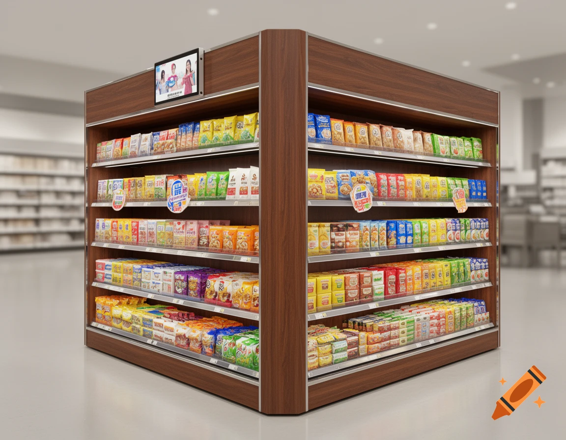 Photorealistic supermarket end cap display with six shelves fully stocked with colorful packaged goods. A small screen shows two women.