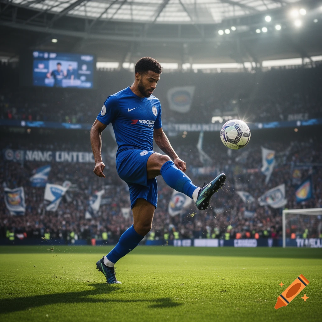 A male footballer in a blue uniform kicking a soccer ball on a green field in a stadium during a game.