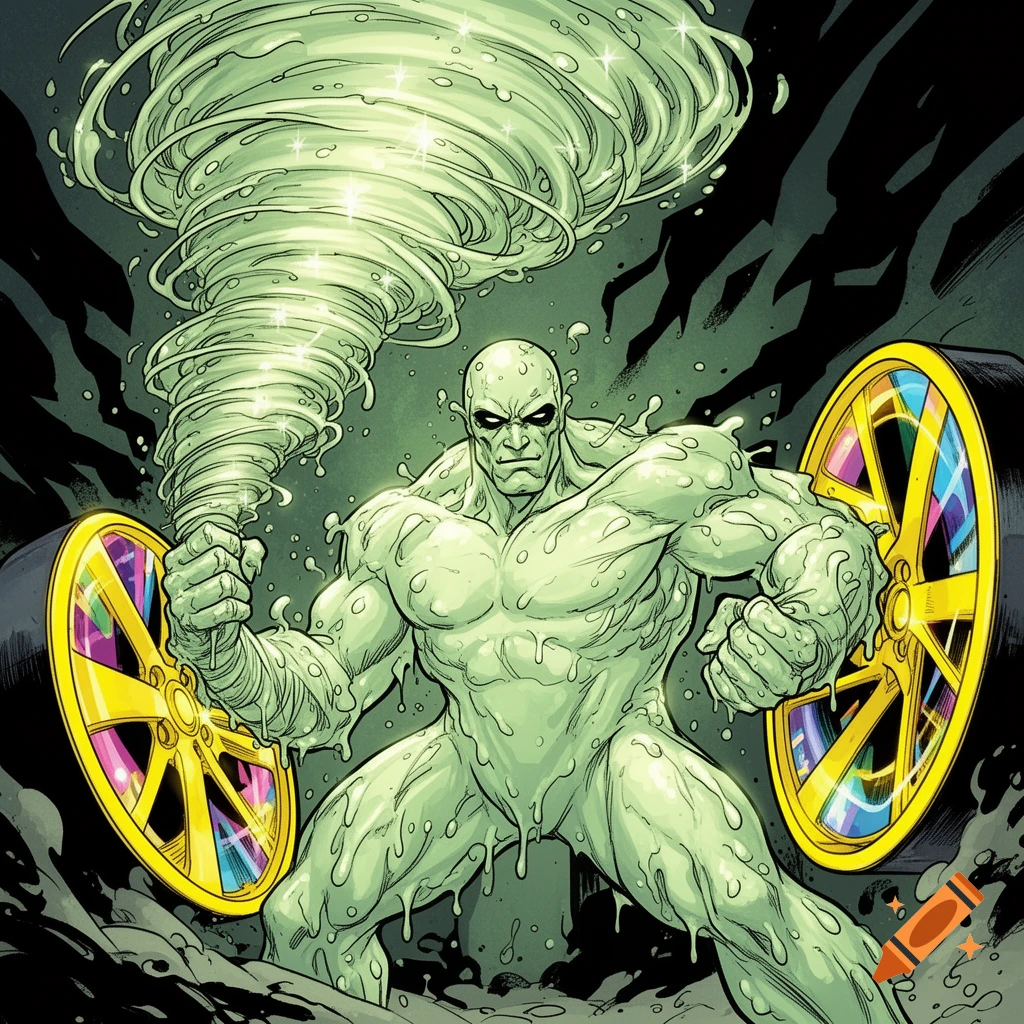 Comic art of a muscular, bald, pale green slime supervillain with a glowing tornado for a right arm, holding colorful car rims.