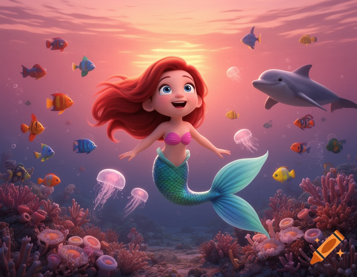 A smiling 3D cartoon mermaid with red hair swims among colorful fish, jellyfish, and a dolphin in a vibrant coral reef at sunset.