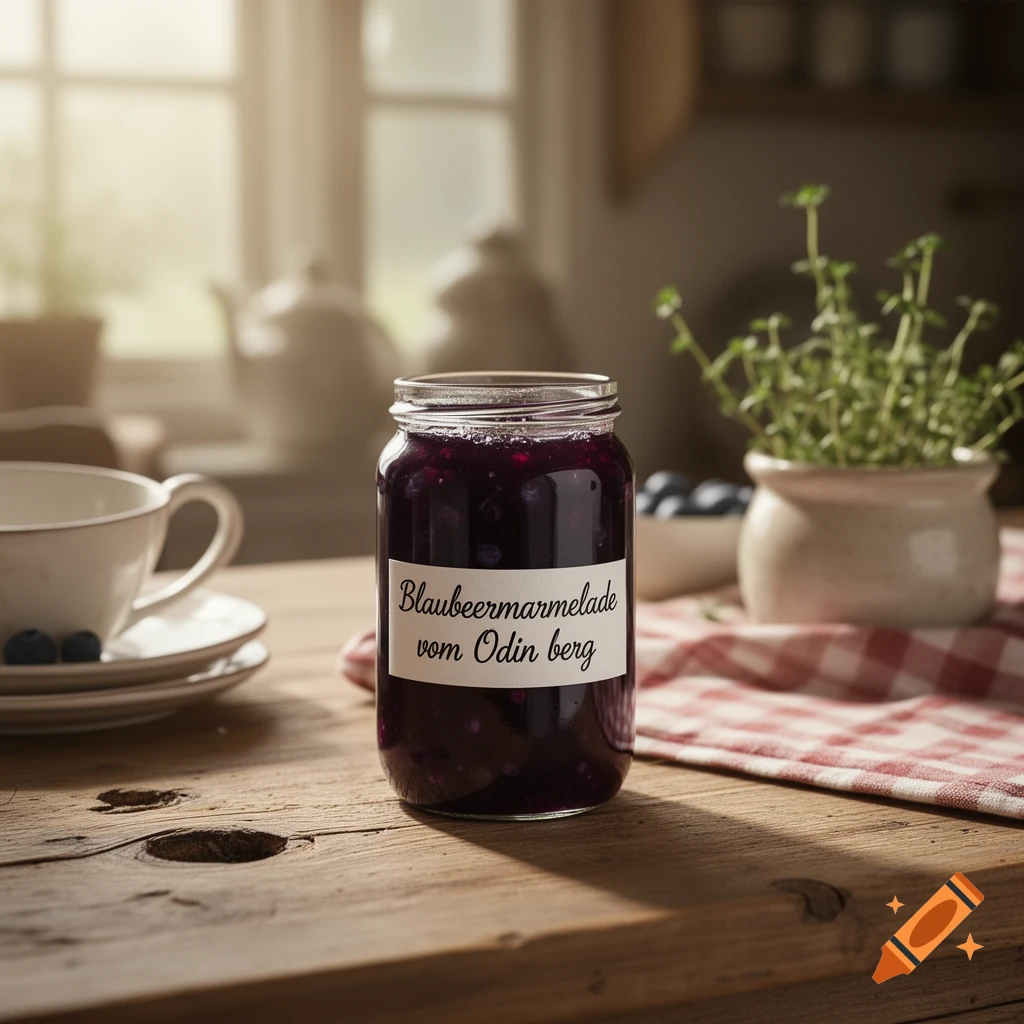Photorealistic jar of blueberry jam on a rustic wooden table in a sunlit kitchen, with a teacup and plant.