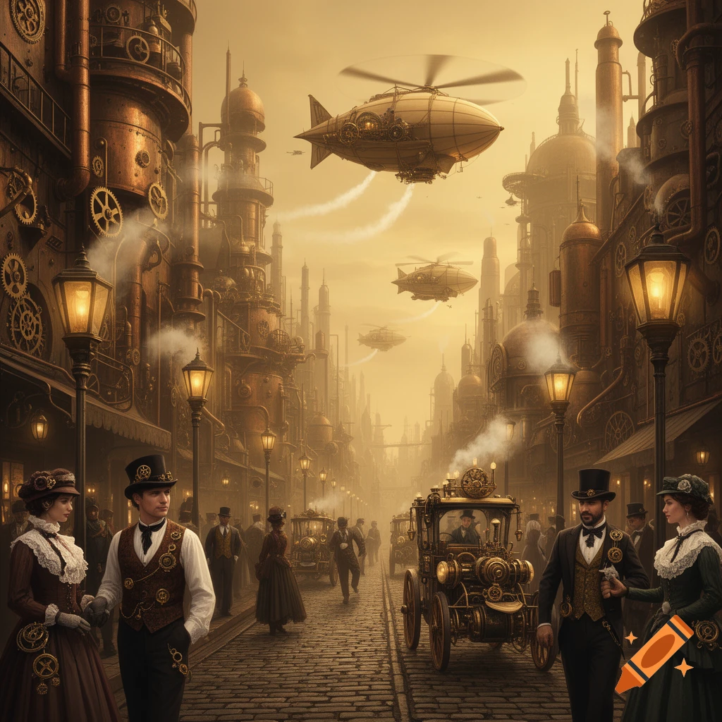 A busy steampunk city street with people in period attire, steam-powered vehicles, towering brass buildings, and airships in a hazy sky.