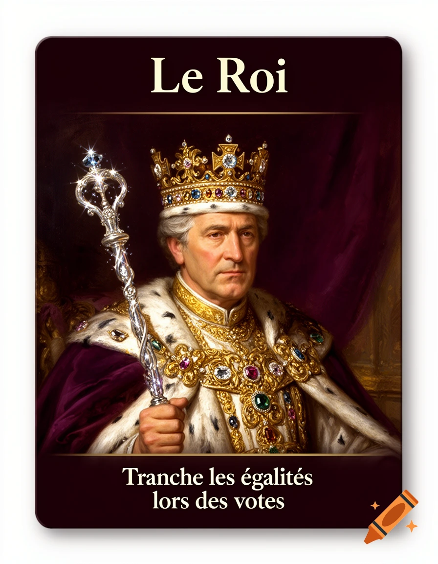 A detailed illustration of a king with a crown and scepter, on a dark card with text.