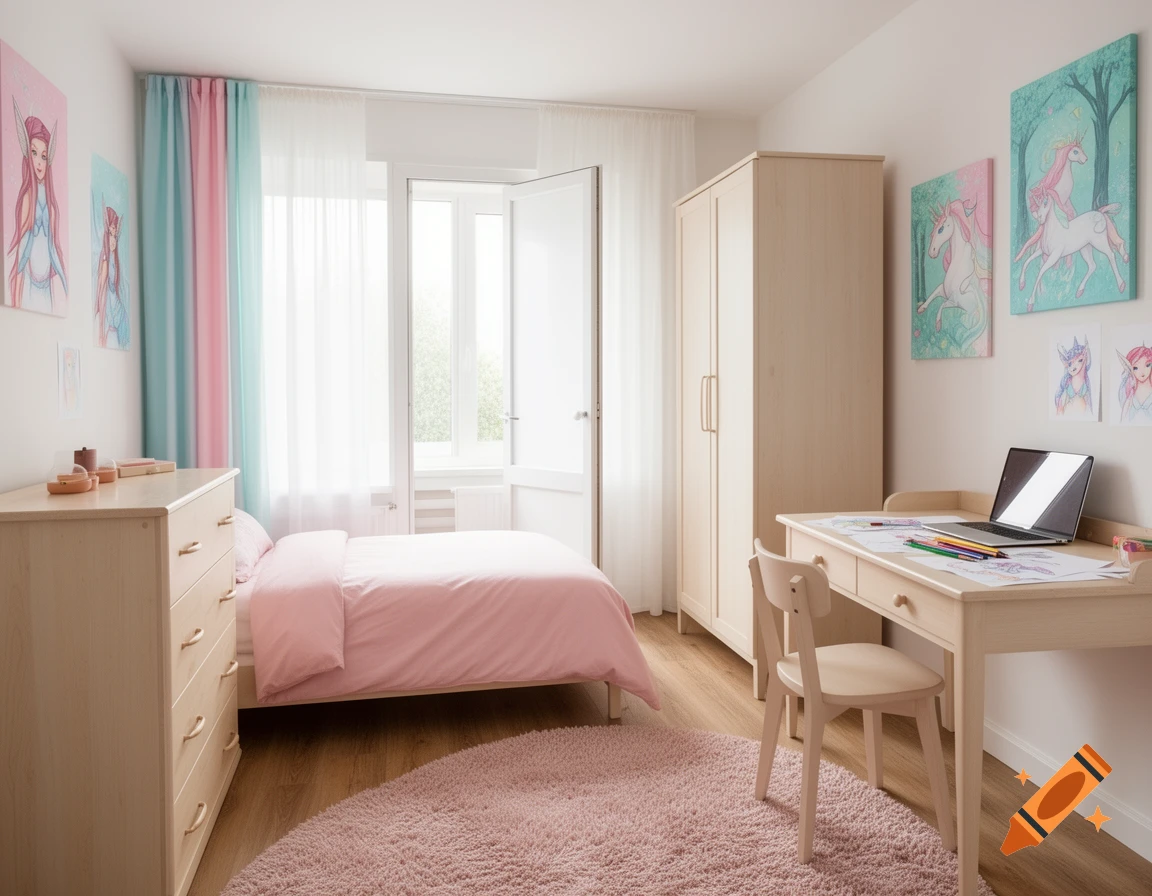 A light-filled child's bedroom with a pink bed, wooden desk, wardrobe, pastel curtains, and fantasy art on the walls.
