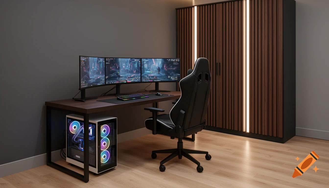 A modern gaming setup in a stylish room with three curved monitors displaying a game, a black gaming chair, and a PC with RGB lighting next to a dark wood desk. A slatted wooden wardrobe is in the background.