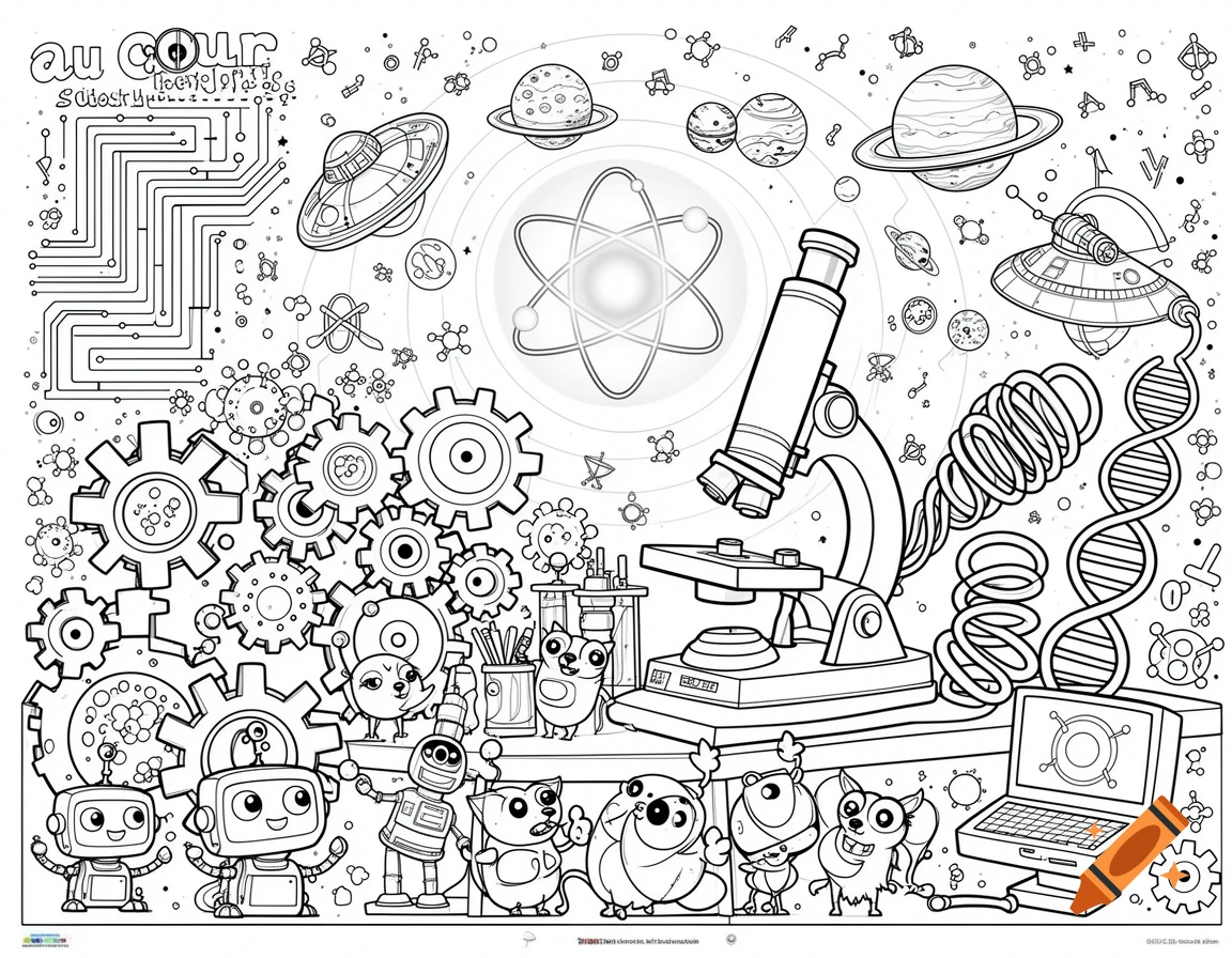 Black and white coloring page featuring robots, gears, planets, a microscope, DNA, and UFOs, celebrating science and technology.