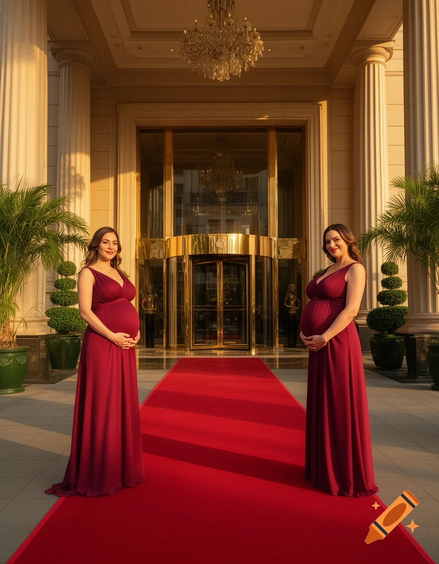 Two pregnant women in long red dresses stand on a red carpet in front of a grand hotel with golden doors and large columns.