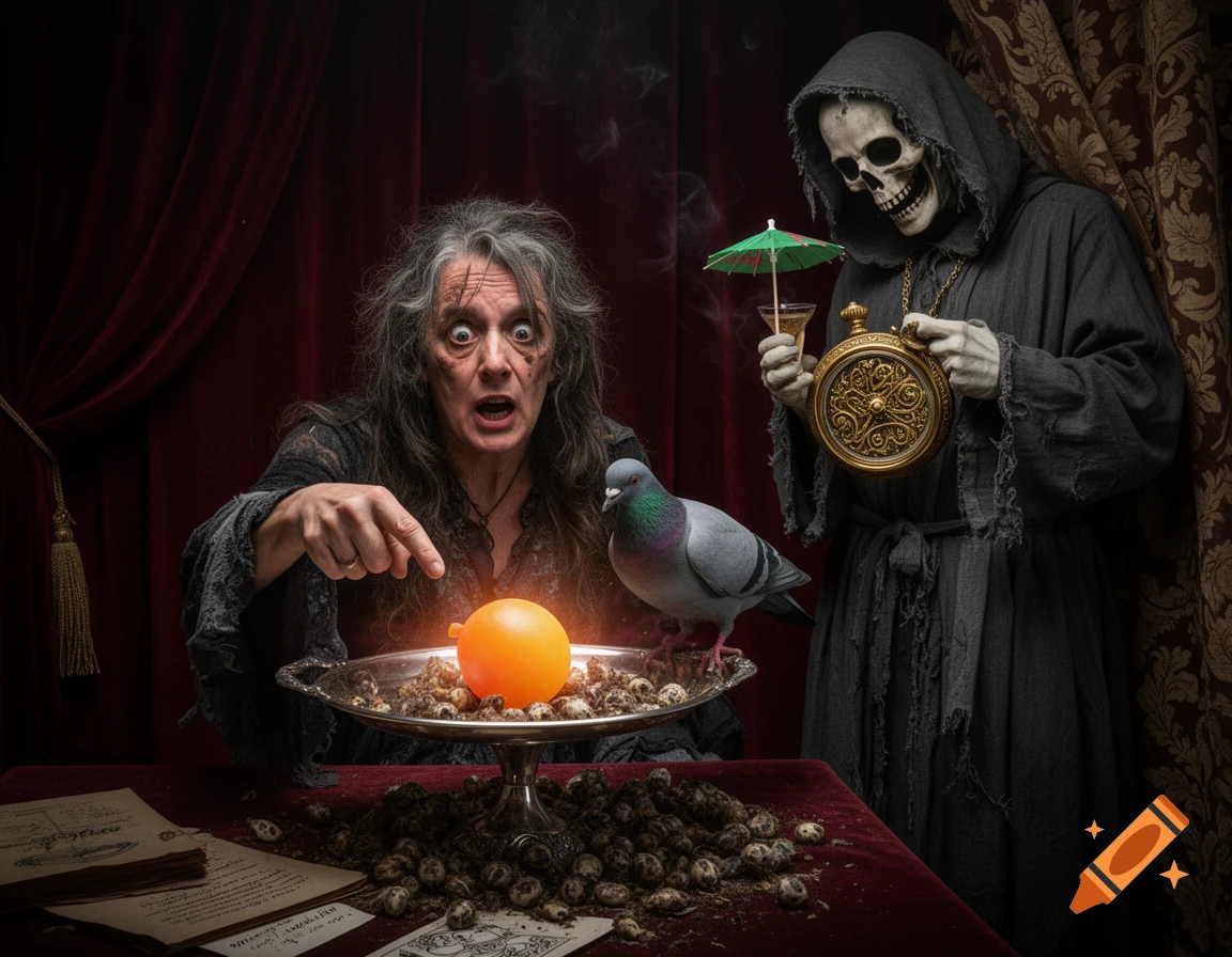A panicked fortune teller points at a glowing orange orb on a platter with avian droppings, while a pigeon watches. The Grim Reaper holds a cocktail umbrella and a pocket watch.