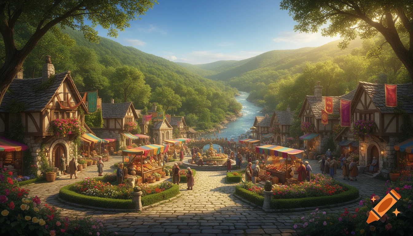 A vibrant fantasy village market with stone and timber homes, colorful stalls, and people bustling by a river in a sunny green valley.