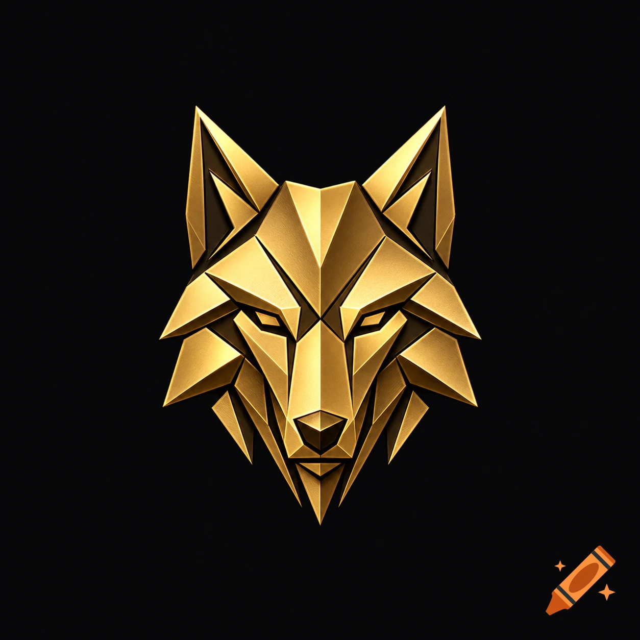 A golden, geometric wolf head with sharp edges and metallic sheen on a black background.