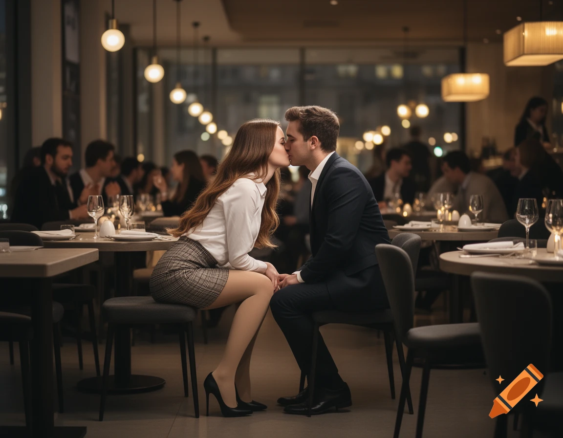 A photorealistic image of a couple kissing passionately at a dimly lit restaurant table, with other diners blurred in the background.