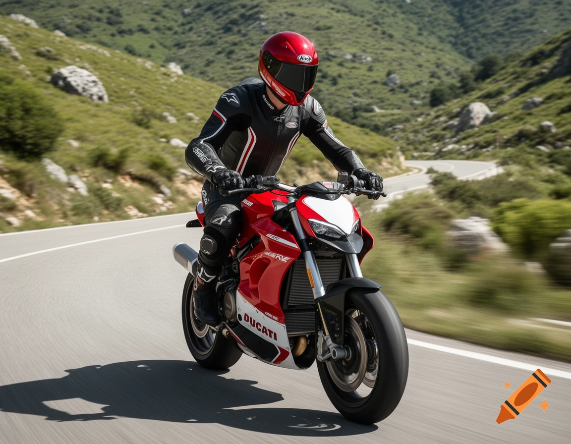 A male rider in a black and red suit on a red Ducati motorcycle speeds down a winding mountain road under a clear sky, photorealistic style.