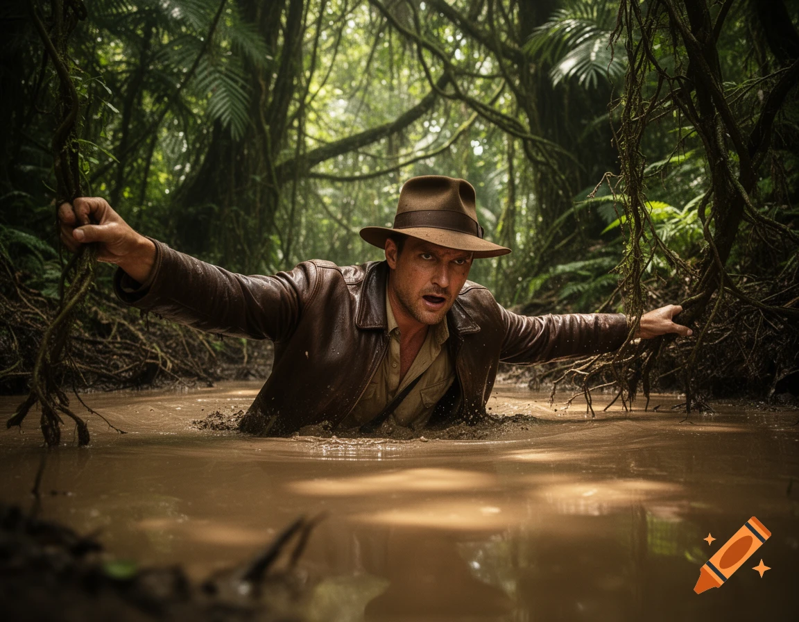 A man in Indiana Jones attire struggles to escape muddy quicksand in a dense jungle, photorealistic.