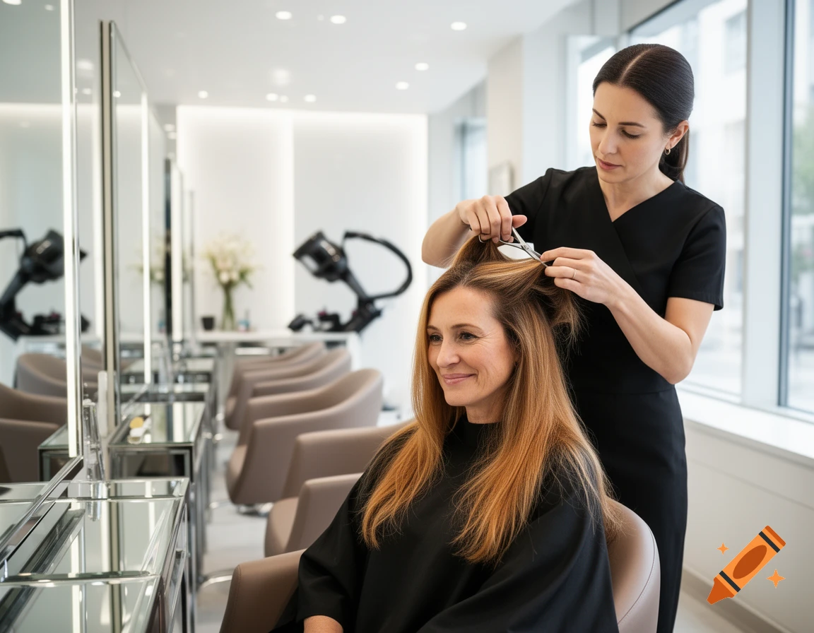 A hairdresser cuts a smiling woman's long brown hair in a modern, brightly lit salon.