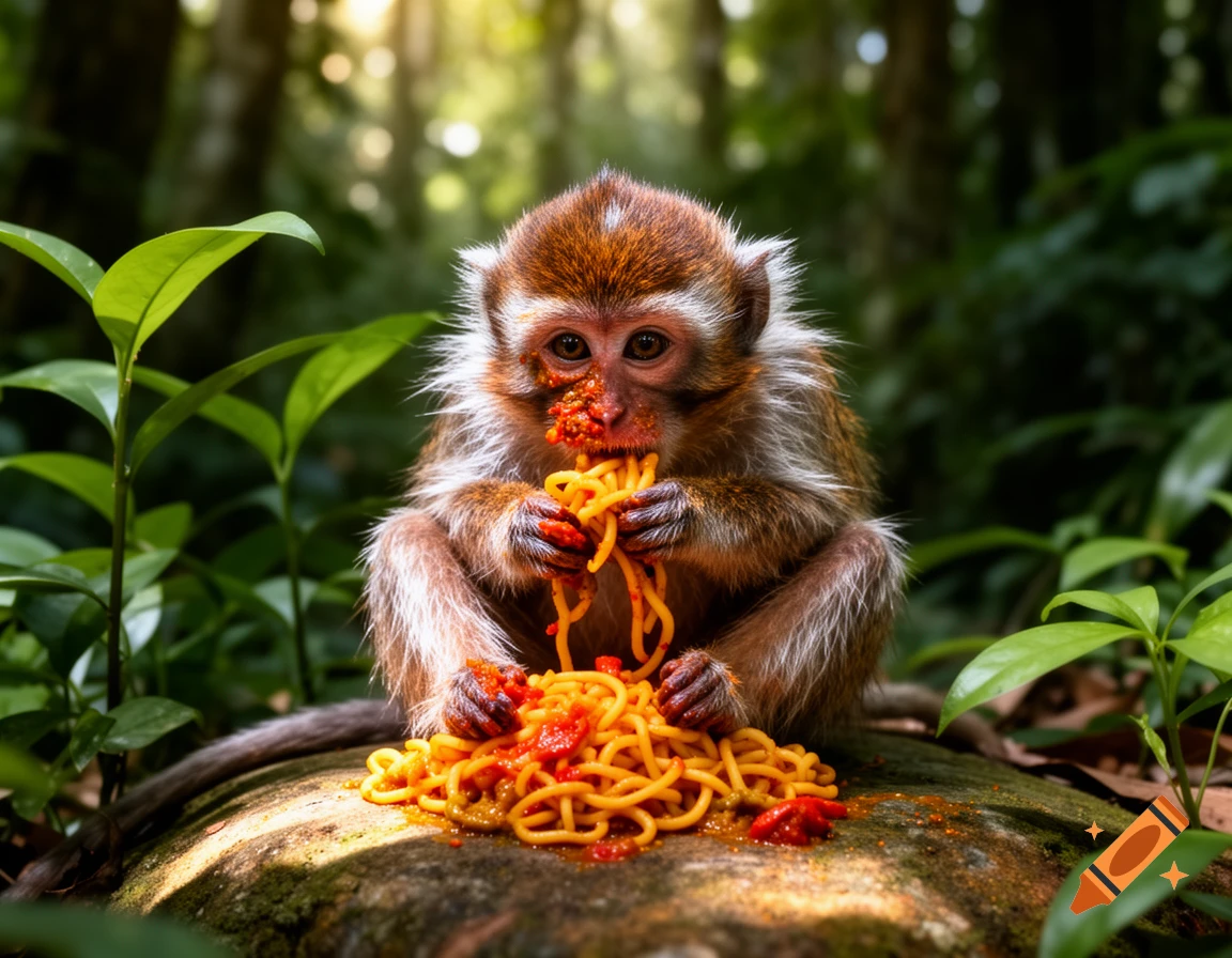A baby monkey sits on a mossy rock in a sunlit jungle, messily eating a pile of spaghetti covered in red sauce.