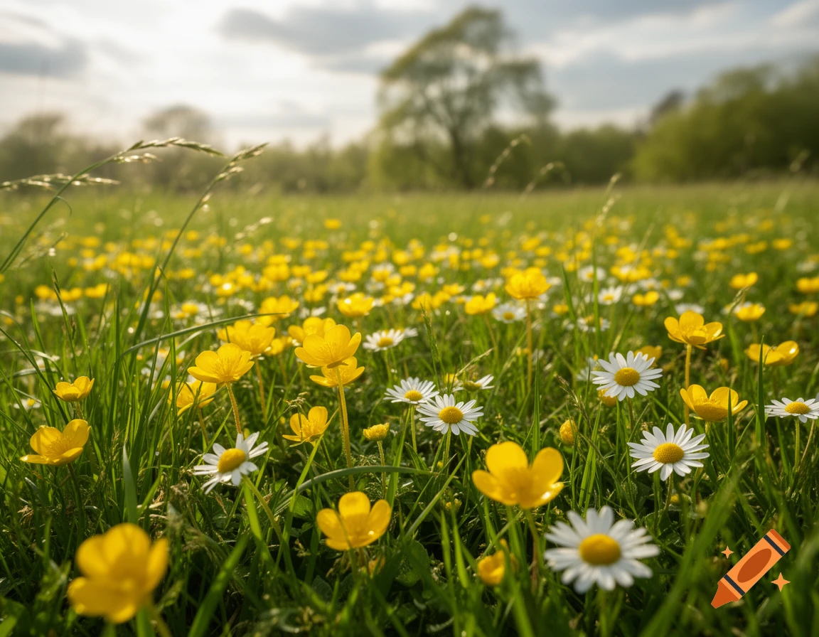 A vibrant green field filled with yellow buttercups and white daisies under a bright, slightly cloudy sky.