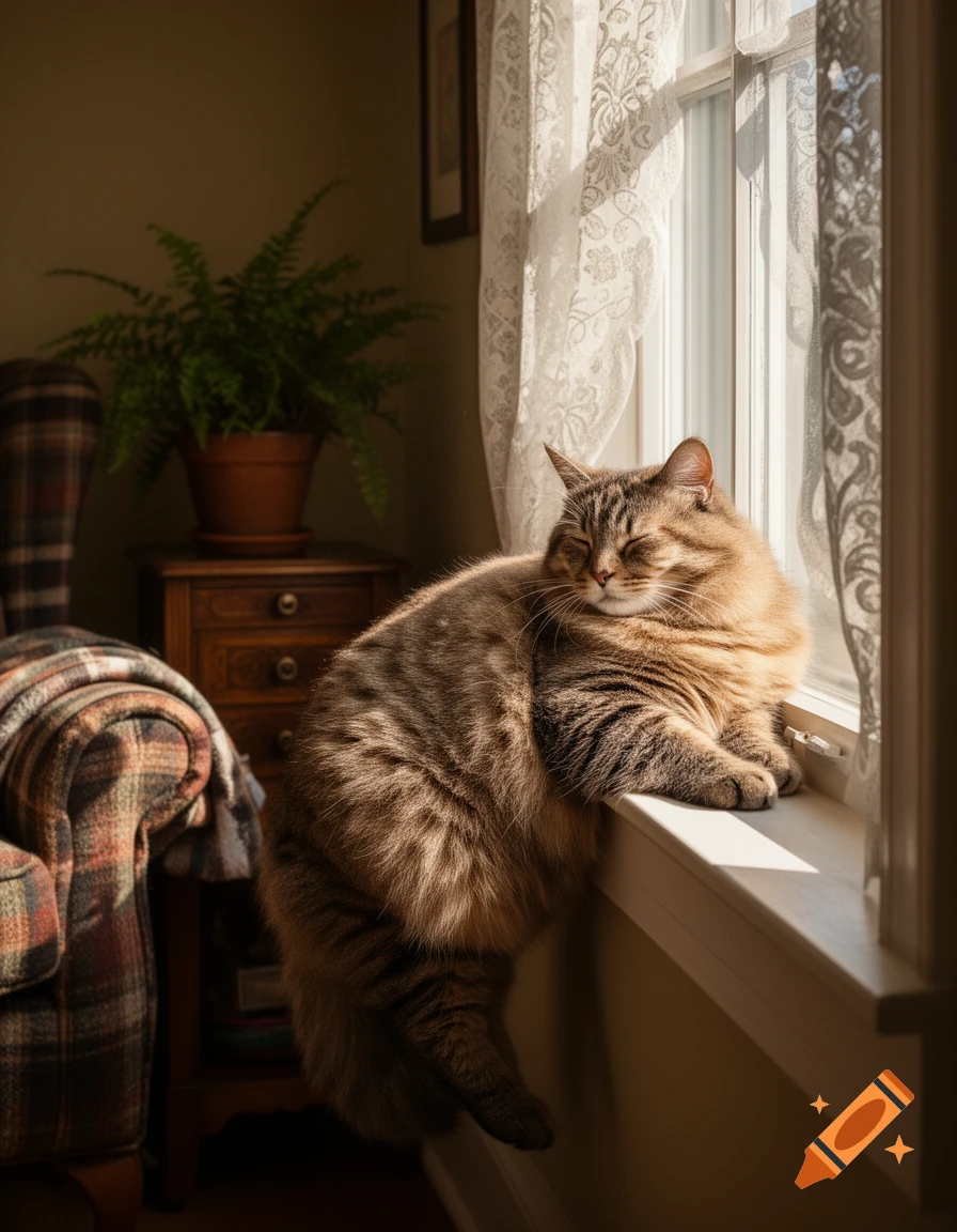A fluffy tabby cat sleeps soundly on a sunlit window sill, next to a lace curtain, with a plaid armchair and a plant in the background.