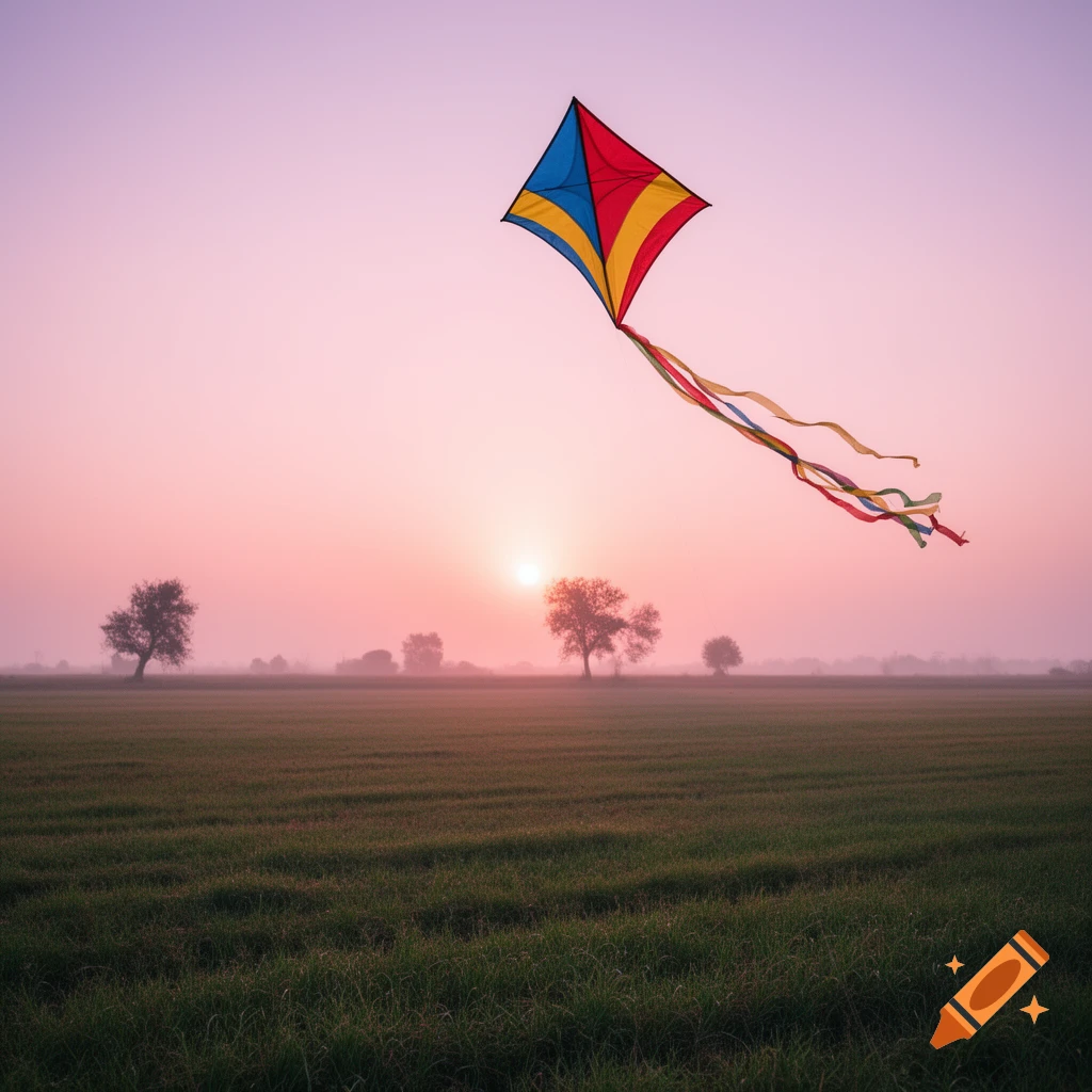 A colorful kite flies high above a misty green field with silhouetted trees during a pink and orange sunrise.