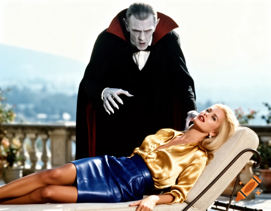 A pale vampire in a black cape stands over a blonde woman in a gold blouse and blue skirt, reclining on a lounge chair on a sunny terrace.