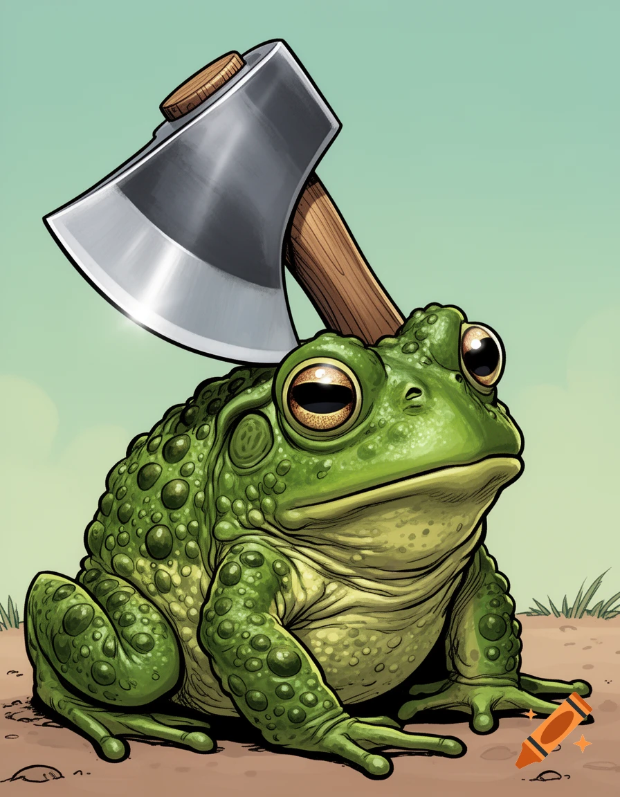 A large, green, warty frog with an axe embedded in its head, rendered in a comic style.