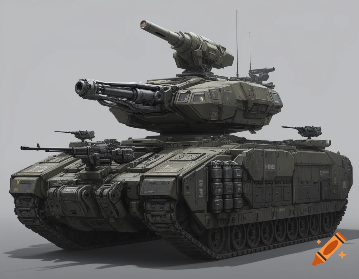 A detailed, photorealistic concept art of a large, futuristic military tank with multiple turrets and heavy armor.