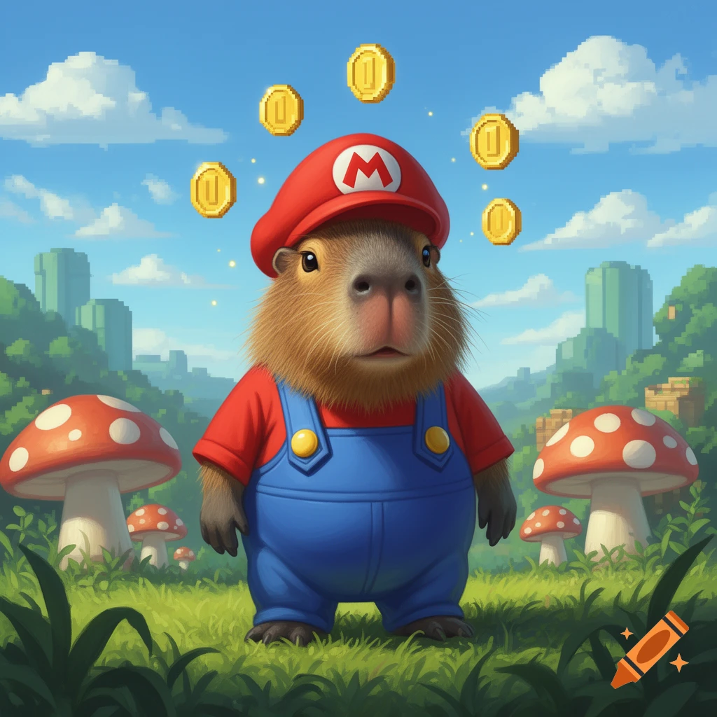 A cute capybara in Super Mario costume stands in a pixelated field with mushrooms and coins, in a video game style.