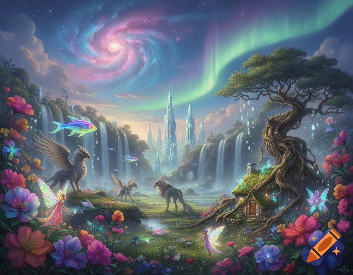 Vibrant fantasy landscape with griffins, fairies, waterfalls, crystalline towers, and a swirling galaxy under an aurora-lit sky.